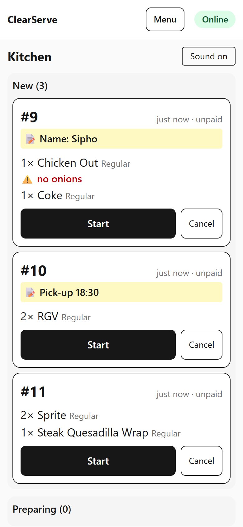 The kitchen screen showing orders to cook
